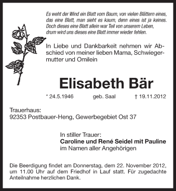 Traueranzeige von Elisabeth Bär von Pegnitz-Zeitung